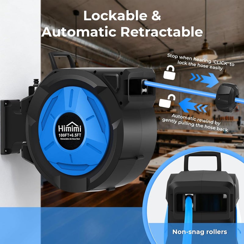 Himimi Retractable Air Hose Reel, 3/8" x 100 Ft Hybrid Hose Air Compressor Hose Reel with 6.5 Ft Lead-in Max 300 PSI, Air Hose with Any Length Lock, Automatic Rewind, 180° Swivel Bracket, Quick Coupler - Image 3